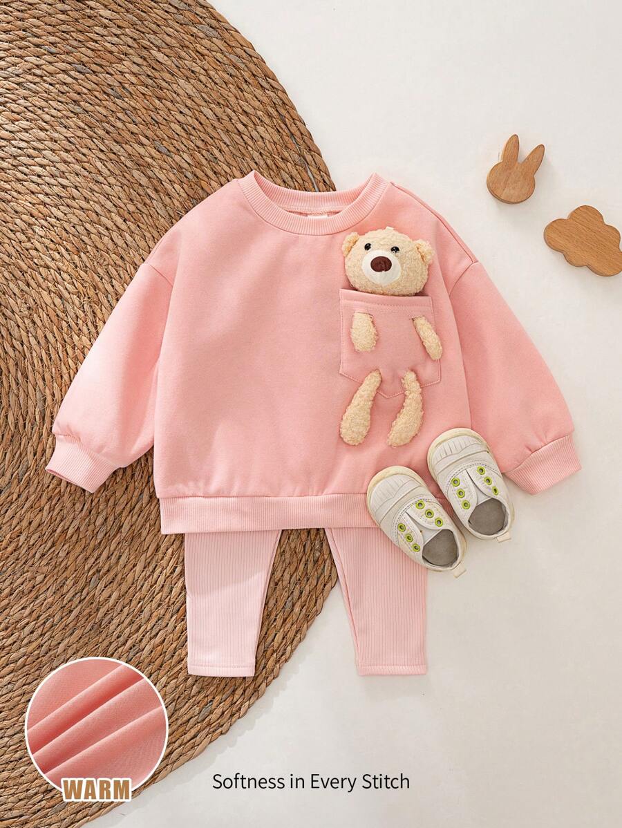 Cozy Pixies Baby Girl Cute Bear Motif Drop Shoulder Sweatshirt - Pink - View 1