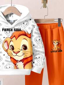 SHEIN Leap Crew 2 件套卡通狮子印花休闲宽松套头连帽衫男童运动衫，适合秋冬季 - 彩色 - 查看 4
