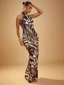 Hauture Animal Print Cross Halter Dress - Multicolor - View 4