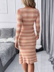 SHEIN Clasi V-Neck Long Sleeve Mid-Calf Fitted Women's Knitted Dress With Tie Waist, Autumn Winter Winter Dress Women Sweater Dresses Winter Women Dress - Multicolor - View 2