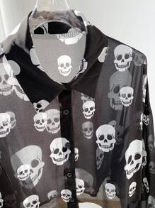 Comfortcana Skeleton Print Chiffon Cropped Long Sleeve Blouse For Halloween