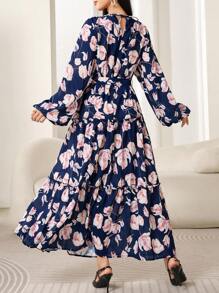 Modelyn Đầm dạ hội dài thanh lịch cổ tròn in hoa tay đèn lồng kiểu Ả Rập cho nữ - Màu xanh hải quân - Xem 2