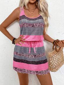 EMERY ROSE Women Wide Strap Wireless Solid Color Patchwork Casual Loose Mini Dress - Multicolor - View 6