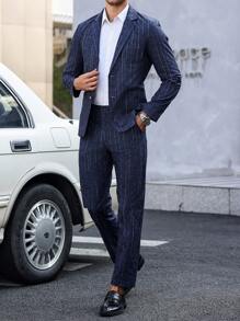 Manfinity Bizformal Men's Striped Lapel Neck Long Sleeve Single-Breasted Jacket And Pants Set, Fashionable Casual Suit - Navy Blue - View 4