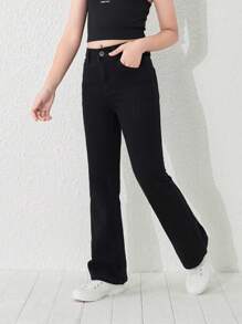 SHEIN Explorewe Tween Girl New Casual Fashionable Flared Jeans, Washed Denim, All-Match Style - Black - View 3
