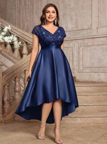 Abendkleid mit V-Ausschnitt, Spitze, Pailletten-Einsatz, Kontrastsatin, A-Linie Saum mit hohem/niedrigem Saum, für Abendpartys, Proms, Hochzeitsgäste, Silvester, Geburtstage, Homecoming, Festivals