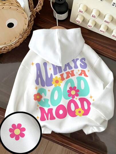 SHEIN Baby Girl Casual Floral Pattern Soft Thick Hooded Pullover Sweatshirt, Suitable For Autumn And Winter