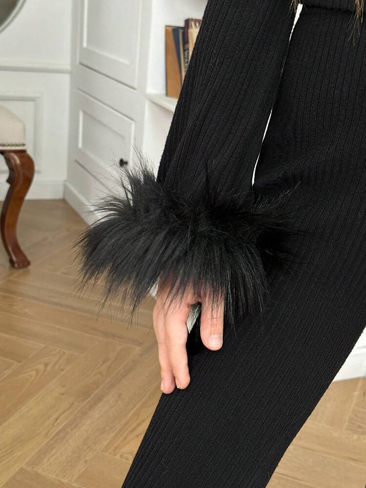 SHEIN Tween Girls Ribbed Mock Neck Long Sleeve Top And Flared Pants 2pcs Set - Black - View 8