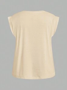 Slaydiva Plus Size Casual Solid Color Cropped Round Neck T-Shirt, Summer - Khaki - View 2