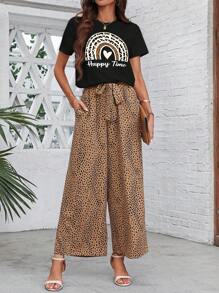 SHEIN LUNE 2 件套日常休闲针织圆领短袖上衣和圆点图案裤子 - 黑色 - 查看 1