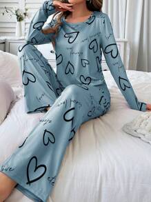 Women Letter & Heart Print Round Neck Long Sleeve Top And Pants Pajama Set, Fall Winter Clothes - Baby Blue - View 3