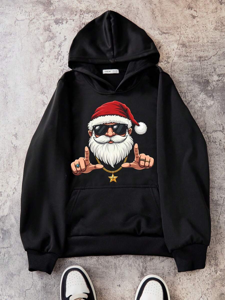 Teen Boy Creative Christmas Santa Claus Print Hooded Sweatshirt, Autumn