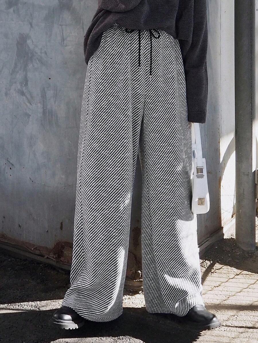 FRIFUL Women's Casual Color Block Striped Drawstring Waist Wide Leg Pants - Black - View 1