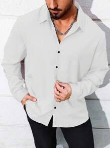 Manfinity Homme Plus Size Men Casual Solid Color Long Sleeve Shirt, Autumn - White - View 4