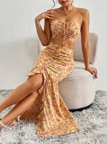 Chiquease 褶饰紧身胸衣大腿开衩碎花连衣裙和细肩带吊带上衣两件套，夏季 - 黃色 - 查看 3