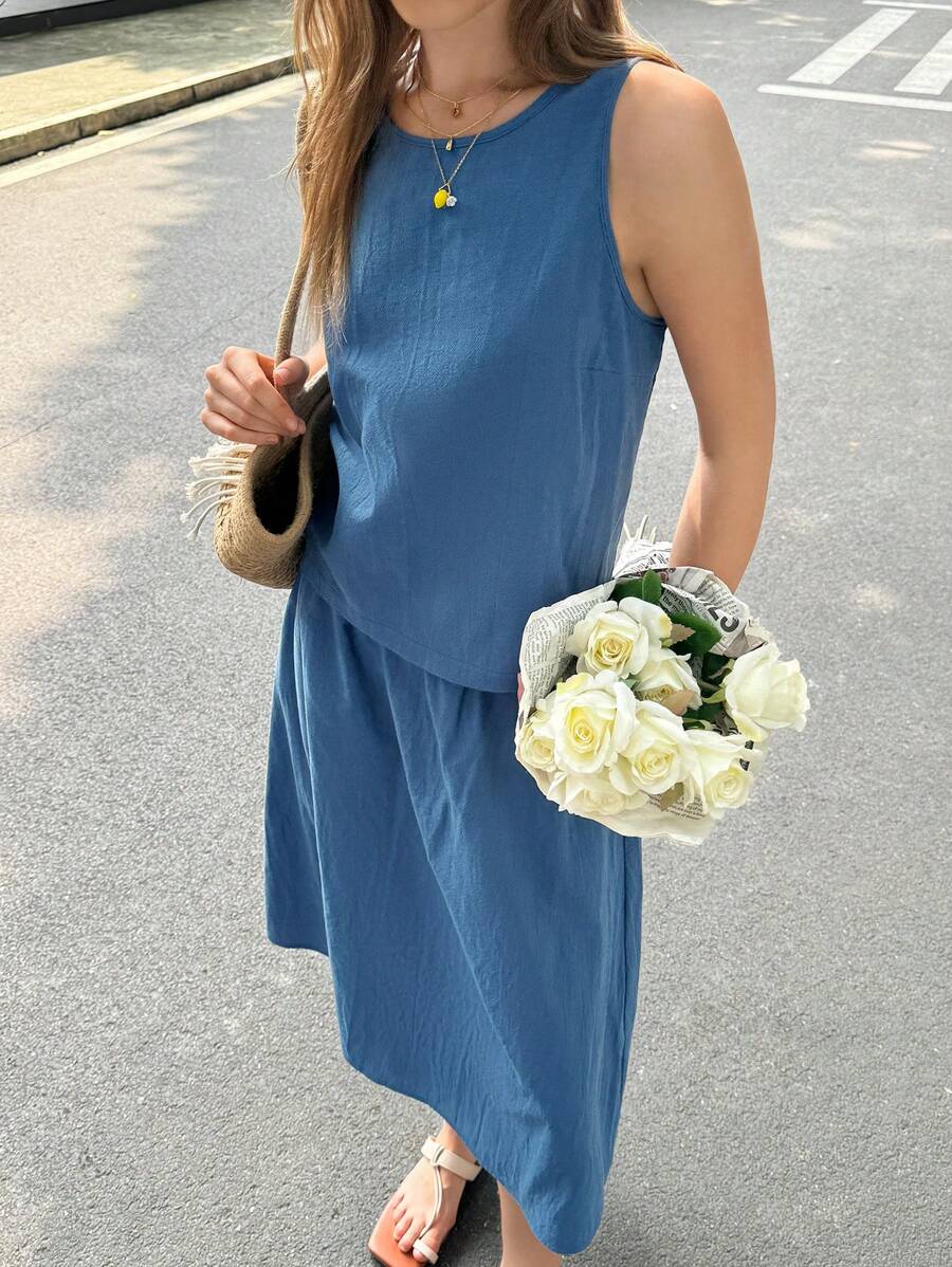 INAWLY 两件套女士夏季纯色圆领吊带背心和宽松半裙套装 - 藍色 - 查看 1