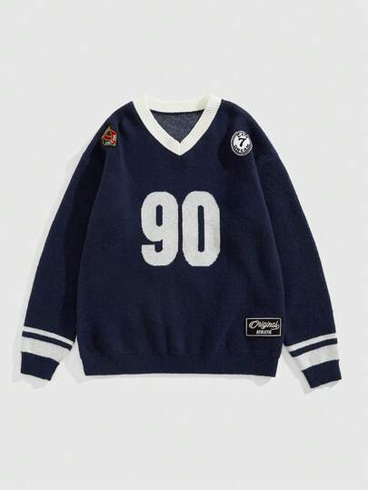 Street Life Men's Casual Colorblock Digit Pattern Knitted Sweater, Autumn/Winter