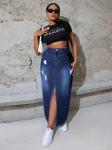 SHEIN Essnce Váy mini denim xanh rộng rãi, thoải mái, cỡ lớn có xẻ tà phía trước - Màu xanh lam - Xem 5