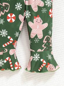 3pcs Baby Girls' Casual Christmas Tree, Snowman Letter Print Long Sleeve Bodysuit, Flared Pants And Headband Set, Spring Autumn - Green - View 3