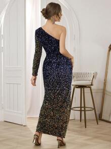 SHEIN Belle Women Ombre Long Sleeve Glittery Side Slit Hem Fitted Cocktail Party Dress, Semi Formal Dress, For Birthday, Wedding Guest Dinner, Homecoming - Multicolor - View 2