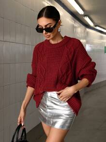 Aveloria Modichic Retro Elegant Loose Knitted Round Neck Sweater For Women, Burgundy