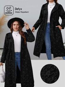SHEIN LUNE Áo khoác hoodie thường ngày cổ bẻ buộc eo màu trơn cỡ lớn - màu đen - Xem 1