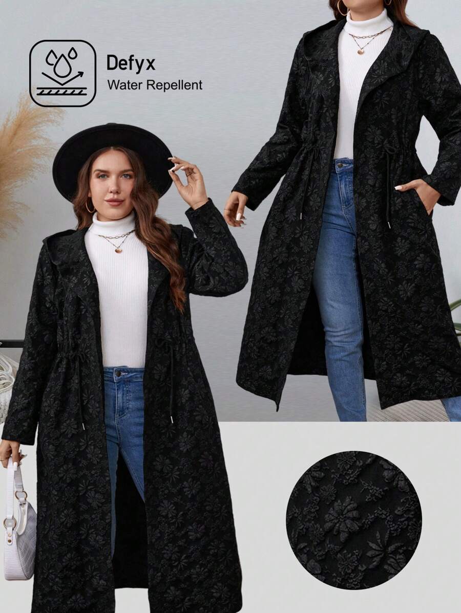 SHEIN LUNE Áo khoác hoodie thường ngày cổ bẻ buộc eo màu trơn cỡ lớn - màu đen - Xem 1