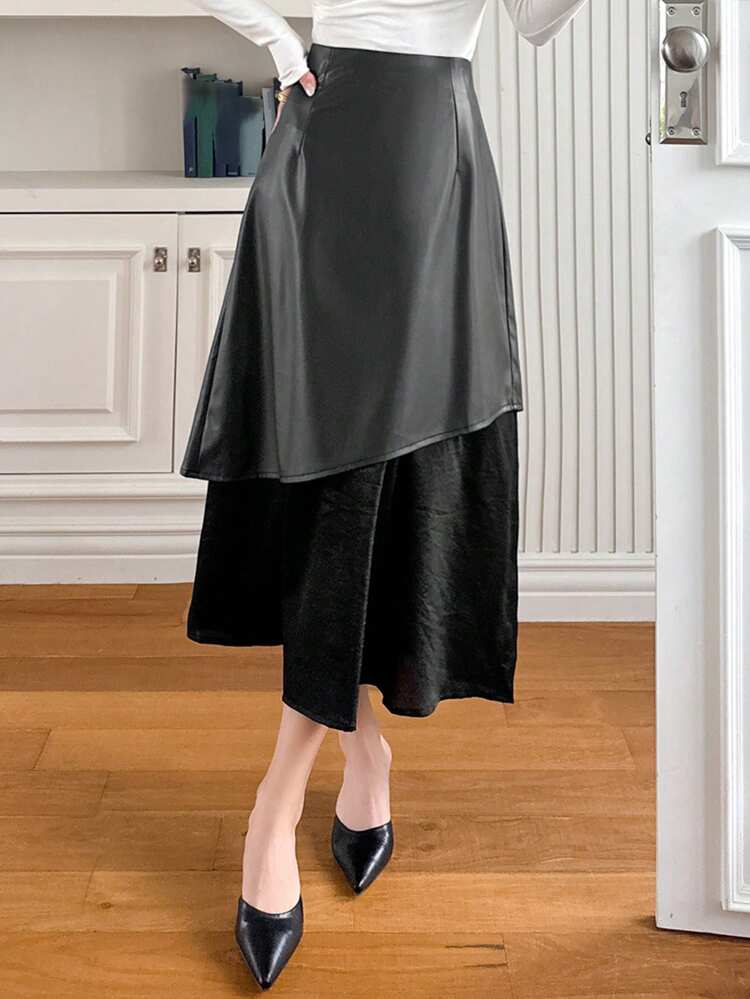 Women's Casual Elegant Versatile PU Leather And Mesh Contrast Skirt, Autumn