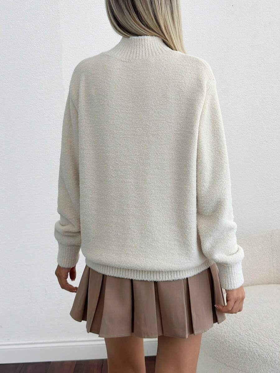 Women Hairy Yarn High Neck Drop Shoulder Loose Fit Sweater Pullover