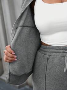 Easura 2 件大码休闲前拉链上衣和抽绳裤套装 - 深灰色 - 查看 8