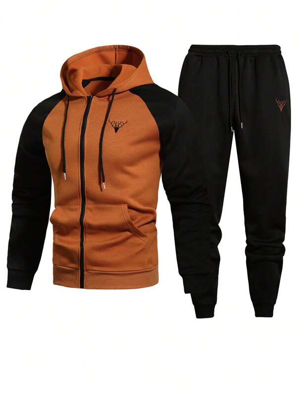 Manfinity Homme Men's Colorblock Zip-Front Hoodie Sweatshirt & Jogger Pants 2-Piece Set, Spring/Autumn