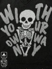 Manfinity Hypemode Skull & Letter Print Crew Neck Long Sleeve Knitted Sweater