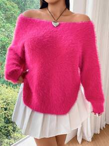 Flirla Plus Size Pink Thick Warm Soft Fluffy Pullover Sweater Knit Pullover Fall Winter - Hot Pink - View 5