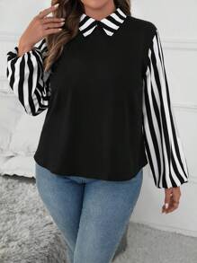 SHEIN Clasi Blusa casual minimalista de manga larga con parches lisos en tallas grandes - Negro - Ver 6