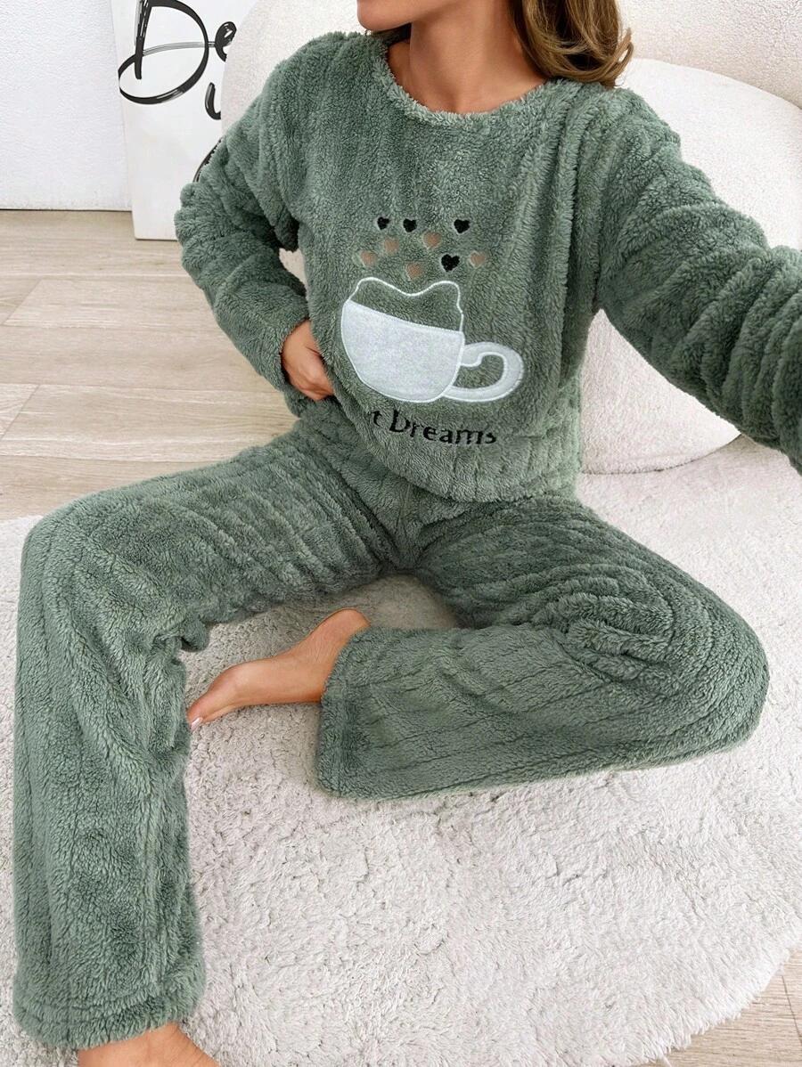 RueChic 2pcs Striped Fuzzy Fabric With Coffee Embroidery Detail Homewear PJ Set - Green - View 1