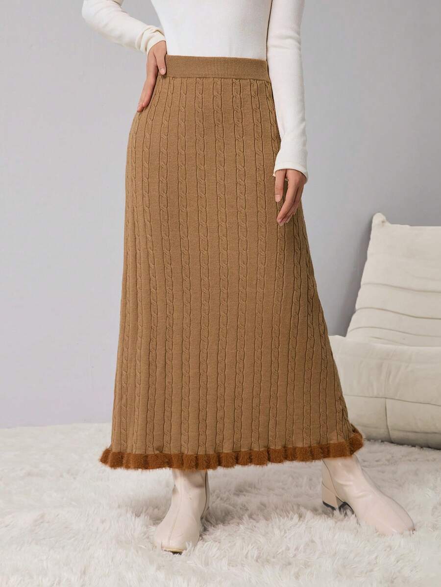 Teen Girl Khaki Elastic Waist Tassel Hem Elegant A-Line Skirt - Khaki - View 1