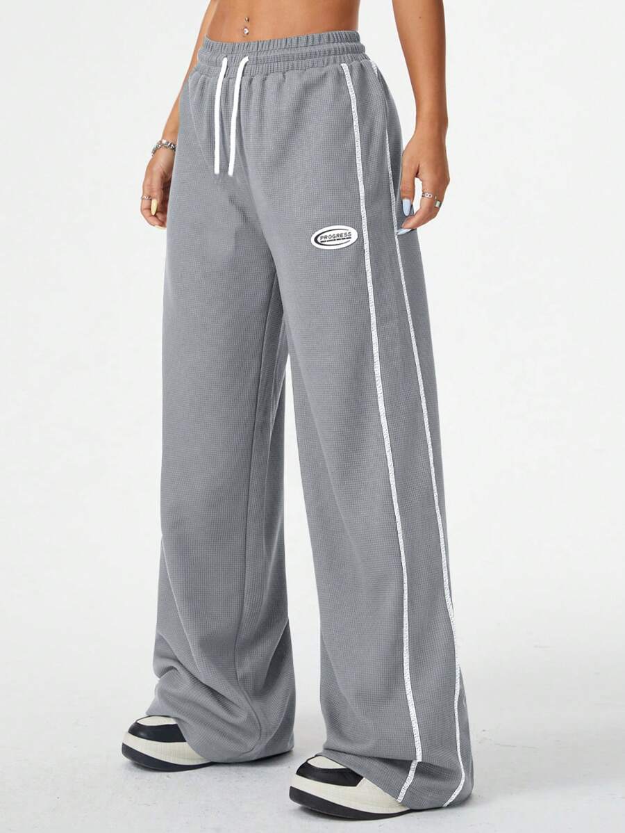 SHEIN 青少年女孩返校服装图案复古阔腿运动裤足球/排球感恩节万圣节服装圣诞节运动裤春/秋/冬 - 淺灰色 - 查看 1