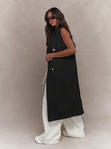 MISSGUIDED Double Breasted Sleeveless Long Trench Coat Pearl Button Outerwear Fall Winter Spring Classic Style Vest Blazer Elegant Professional Office - Black - View 4