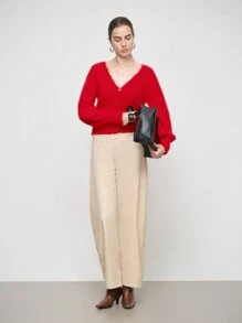 SHEIN LUNE Women's Solid Color Single-Breasted Fitted Lantern Sleeve Cardigan Sweater, Autumn/Winter Fall Cloth For Women - Red - View 6