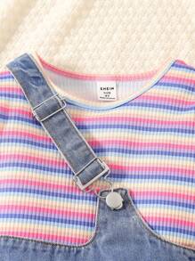SHEIN 2pcs/Set Young Girls Rainbow Stripe Pattern Knit Sweater & Dungaree Pants Cute Spring And Fall Outfit - Pink - View 4