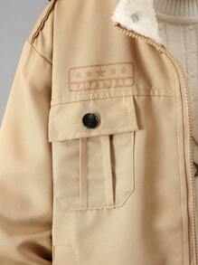 SHEIN 2pcs Tween Boy Outdoor Fleece Padded Cargo Jacket And Pants Set, Fall/Winter - Khaki - View 6