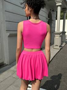 SHEIN ICON 返校季，Y2K 风格，夏秋季运动网球裙两件套，蝴蝶结卡通印花图案 - 玫紅色 - 查看 2