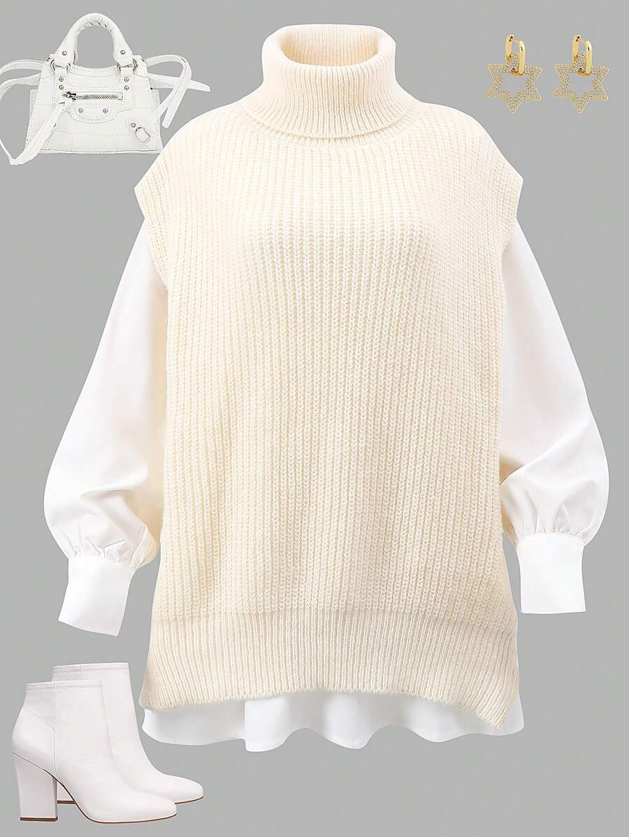 2pcs Teen Girls' Casual Solid High Neck Sweater Vest & Long Sleeve Shirt Set, Autumn Winter - Multicolor - View 1