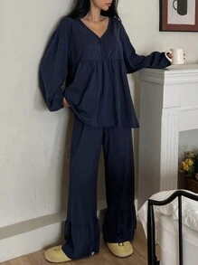 DAZY Plain Ruffle Trim Loose Pajama Set - Blue - View 3