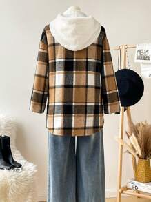 SHEIN Essnce Plus Size Fall Curve Women's Fall Thanksgiving Women Winter New Fashion Casual Commuting Elegant Plaid Fabric Velvet Hooded Buttoned Overcoat - Multicolor - View 2