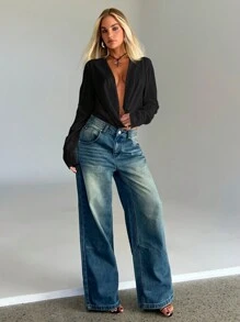 Aloruh Vintage Y2K Grunge Distressed Crop Collar Long Sleeve Shirt For Women