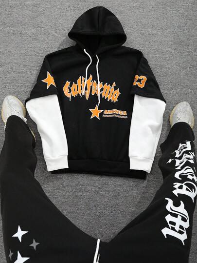 Manfinity EMRG Sudadera de forro polar con estampado de letras y empalmes de contraste, casual para hombre, otoño e invierno