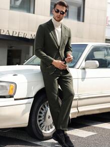 Manfinity Bizformal بدلة رجالية مكونة من بليزر أكمام طويلة بألوان صلبة وأزرار أمامية وبنطال جيب - أخضر داكن - مشاهدة 1