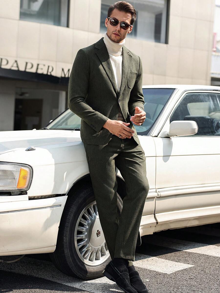 Manfinity Bizformal بدلة رجالية مكونة من بليزر أكمام طويلة بألوان صلبة وأزرار أمامية وبنطال جيب - أخضر داكن - مشاهدة 1