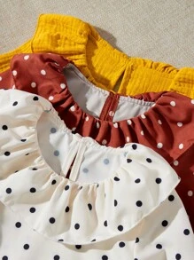 SHEIN 3 件装女宝宝休闲荷叶边领泡泡袖上衣，春秋装 - 彩色 - 查看 4